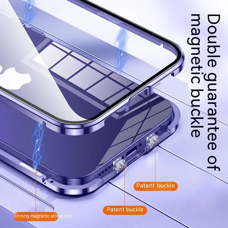 Metal Magnetic Double Sided Glass Card Buckle Installation Case For iPhone 15 14 12 13 ProMax Camera Lens Protection Metal Cover