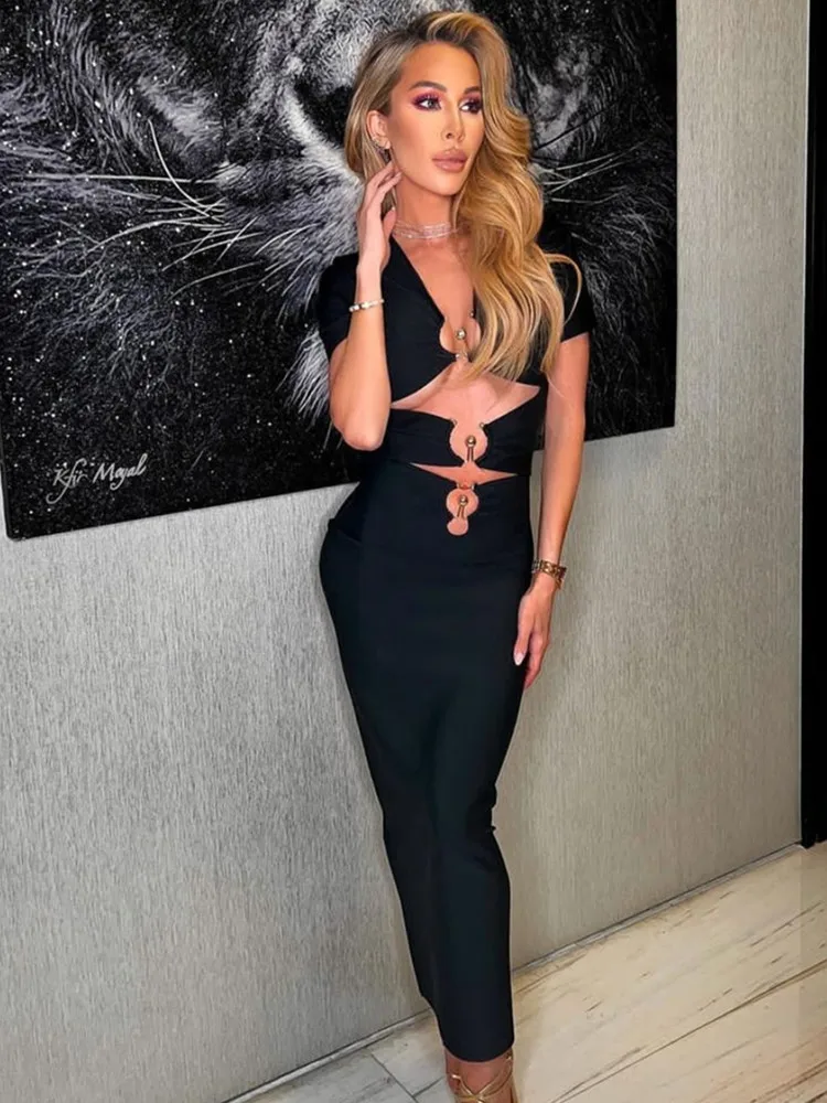 

Women Black Elastic Comfortable Bandage Dress Sexy Deep V Neck Short Sleeve Cut Out Ankle Length Celebrity Evening Party Gowns