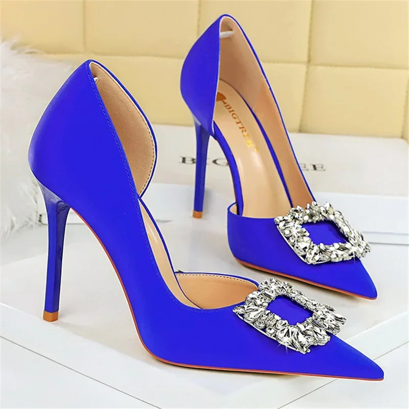 Women Fashion Wedding Party Designer Pink Purple Rose Red Pumps Lady Fetish 10.5cm High Heels Crystal Buckle Satin Evening Shoes 2