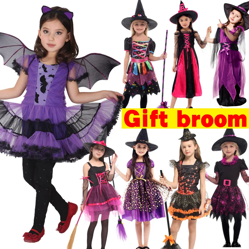

Halloween Witch Costume with broom For Girls Role Play Cosplay Performance Dance Show Costumes For Kids Vampire Witch Dress up