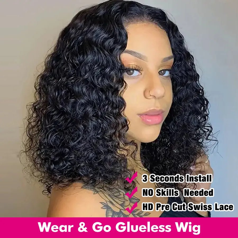 Glueless Preplucked Human Wigs Ready To Go Water Wave Bob Wig Pre Cut