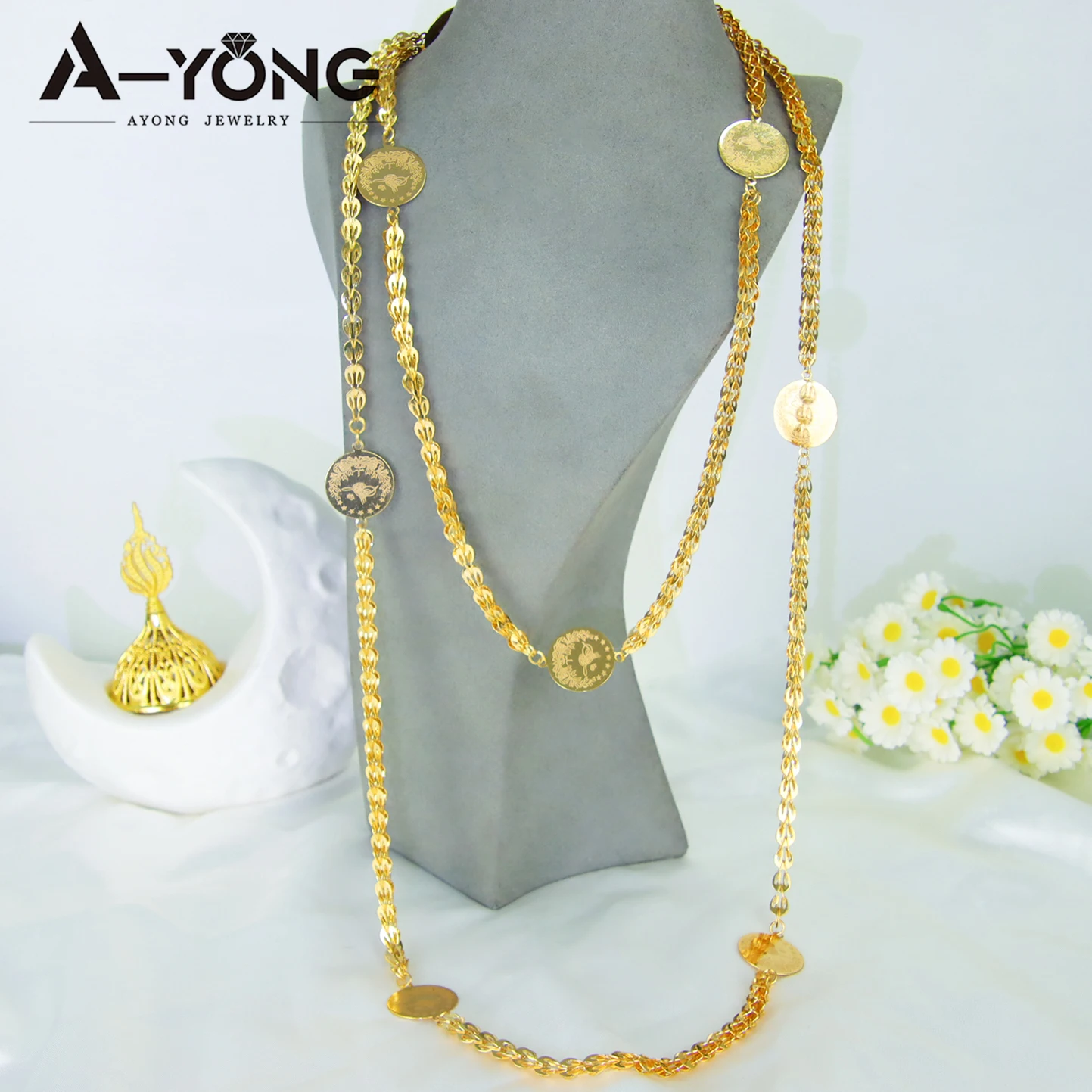 Dubai Braut Hochzeit Schmuck Lange Halskette 21k vergoldet Türkische Vintage Münzen Ketten Äthiopische Frauen Tägliche Party Schmuck