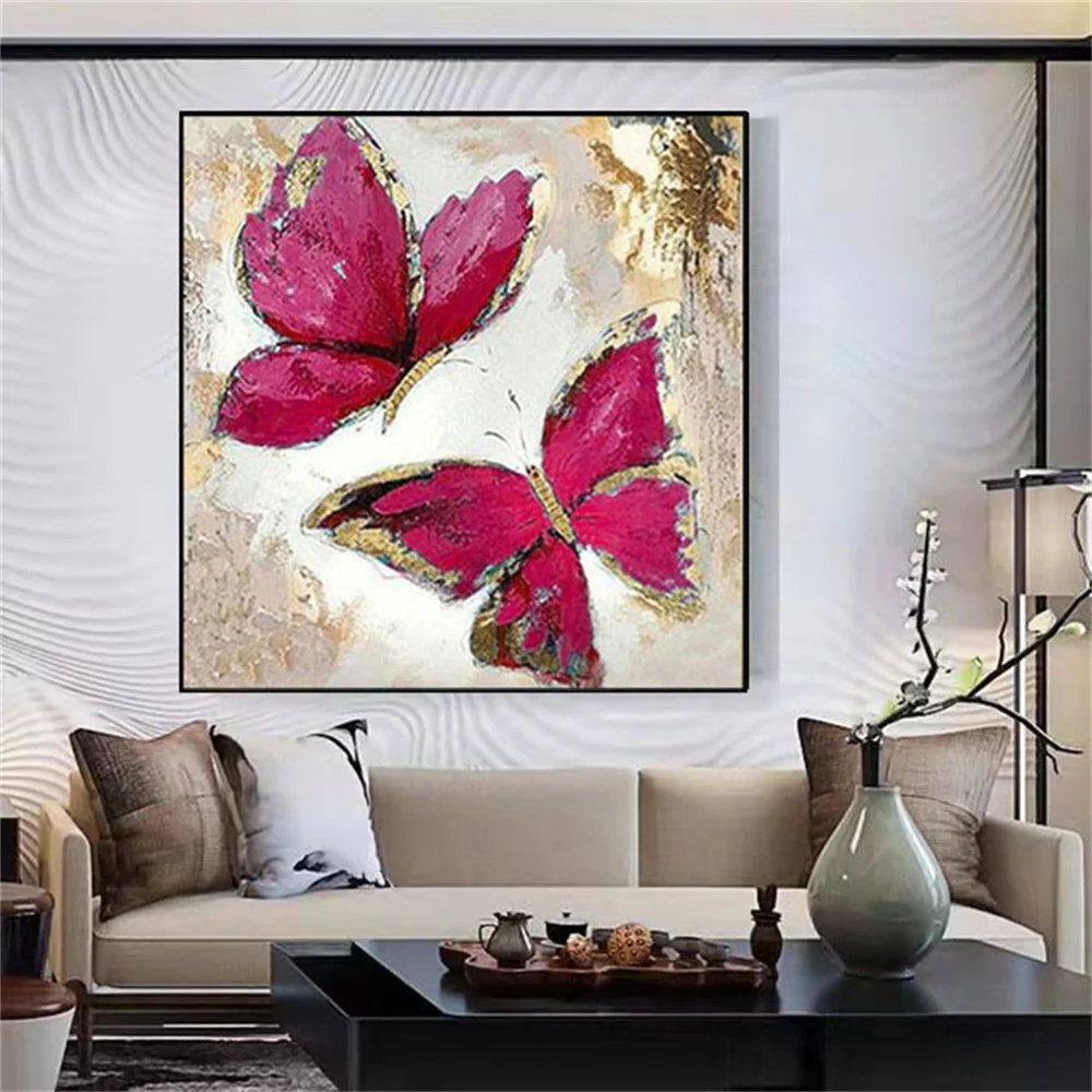

Pure Hand-Painted Two Red Butterflies Oil Painting Canvas Animals Modern Abstract Wall Art Life Living Room Home Porch