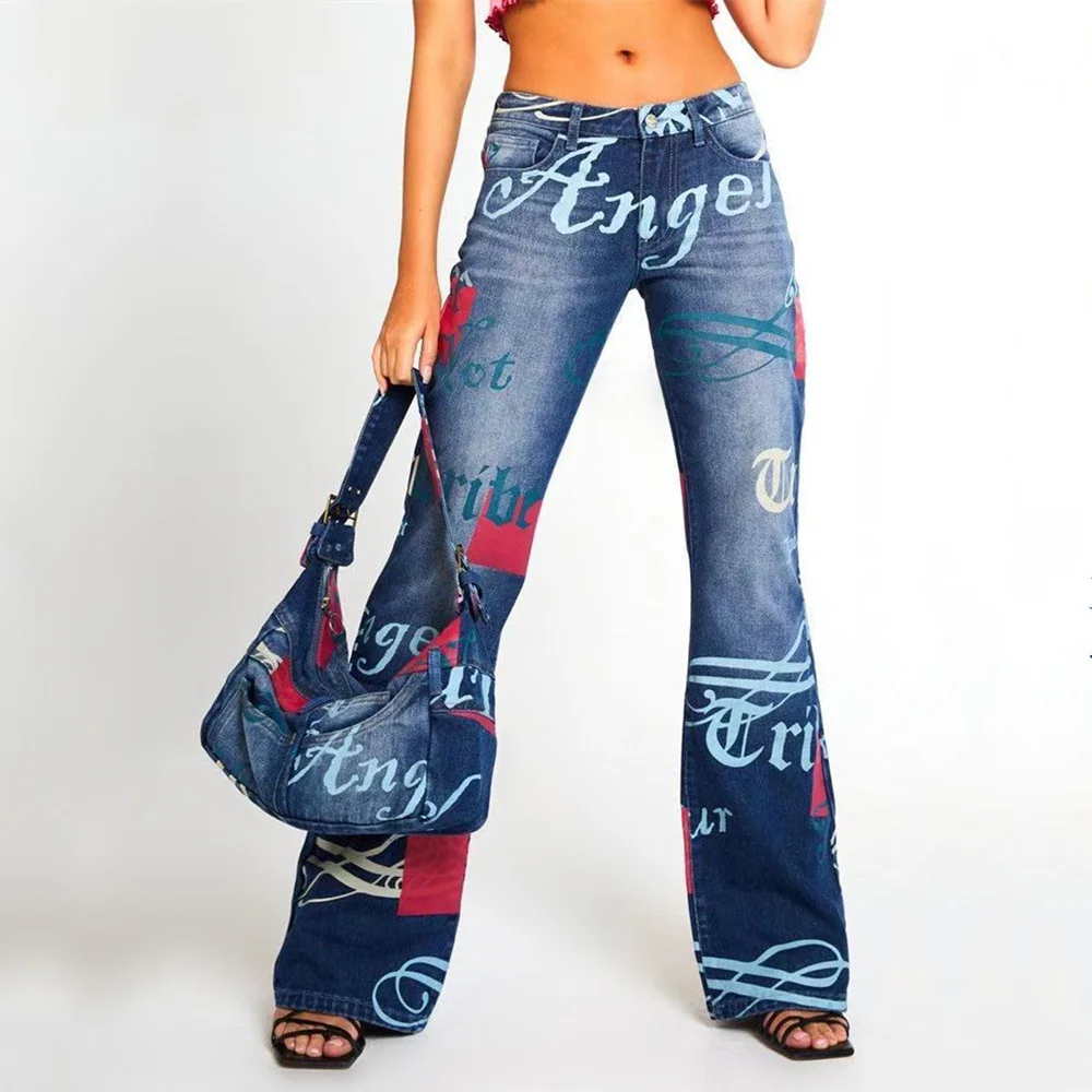 Y2K Print Denim Pants Women Casual Jaded High Street Female Jeans 2022 London Loose Trousers Women Low Rise Straight Jeans straight jeans