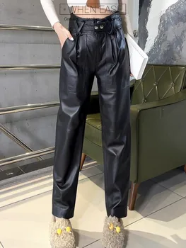 Pantaloni dritti in vera pelle di pecora morbida da donna di nuova progettazione Pantaloni lunghi Pantaloni slim fit con cintura a vita alta in vera pelle Streetwear 1