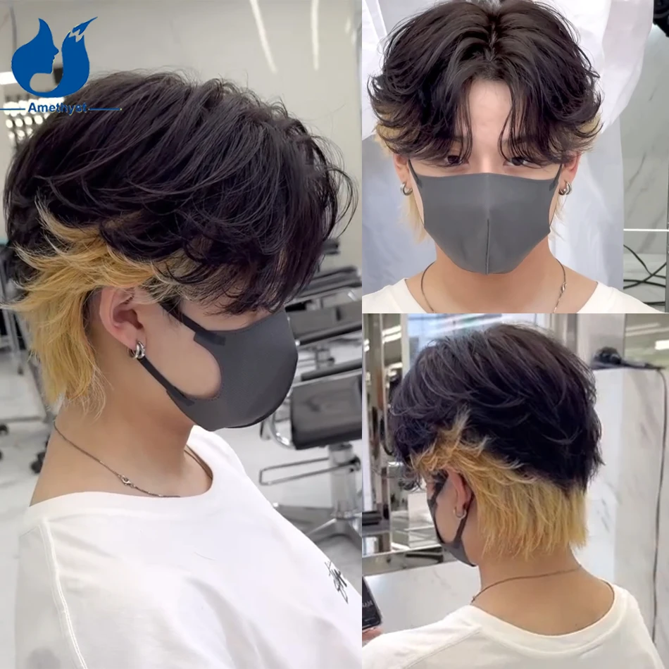 Amethyst Ombre Blonde 27 Wolf Cut Human Hair Short Wig for Men Pre