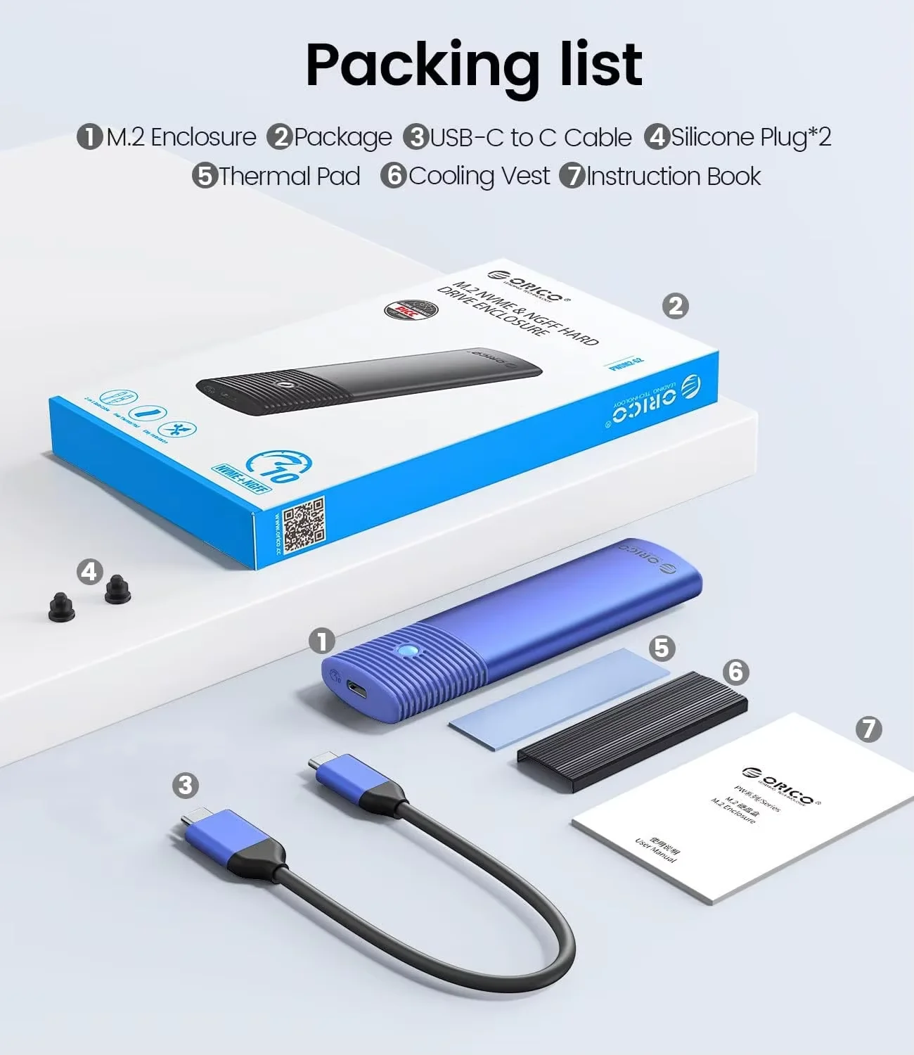 ORICO M.2 NVMe SATA SSD 인클로저 어댑터 도구가 필요 없는 USB C 3.2 Gen 2 10Gbps NVMe 5Gbps NGFF SATA PCIe(금속 방열판 포함)