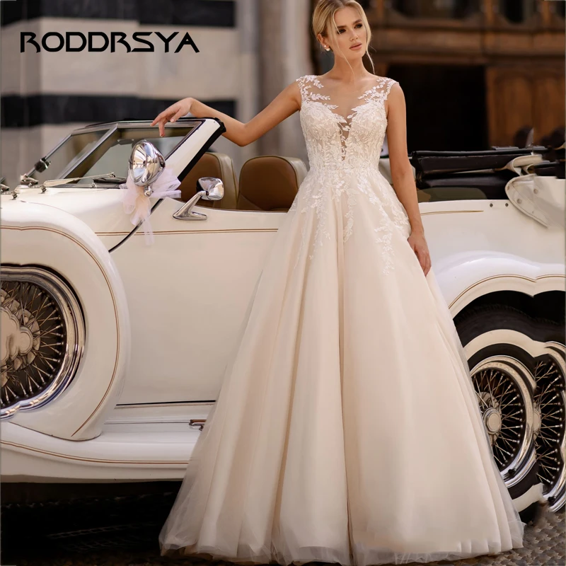 

RODDRSYA Elegant A-Line Wedding Dress Illusion Appliques Lace Back Button Bridal Gown Romantic Sleeveless Tulle vestido de noiva