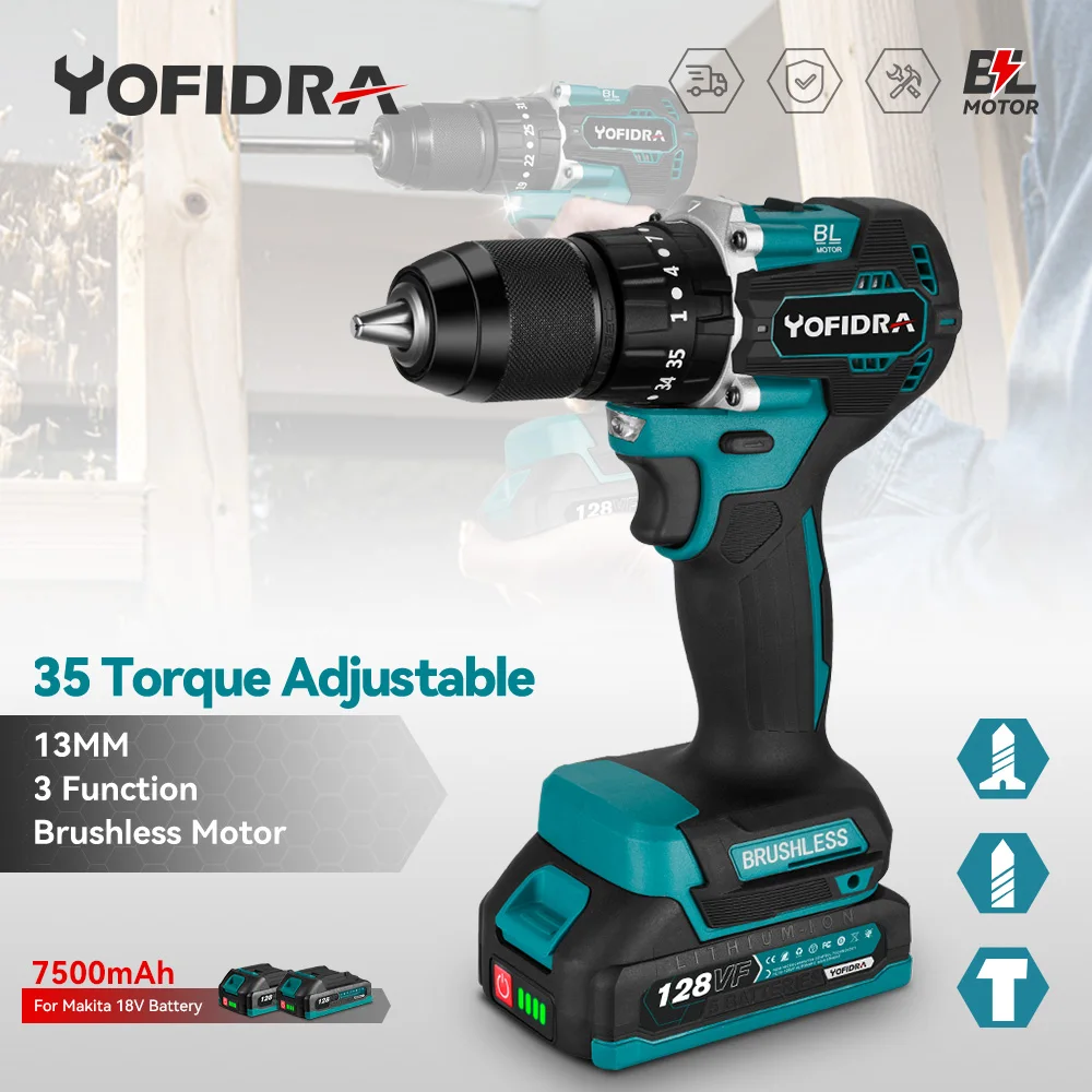 

Yofidra 13mm Brushless Electric Impact Drill 2 Gears 35+3 Torque Cordless Efficient Electric Screwdriver For Makita 18V Battery
