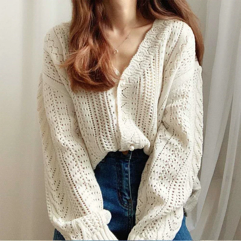 Autumn and Winter New Women's V-neck Long-sleeved Sweater Knitted Cardigan Fashionable Women's Single-breasted Hollow Coat