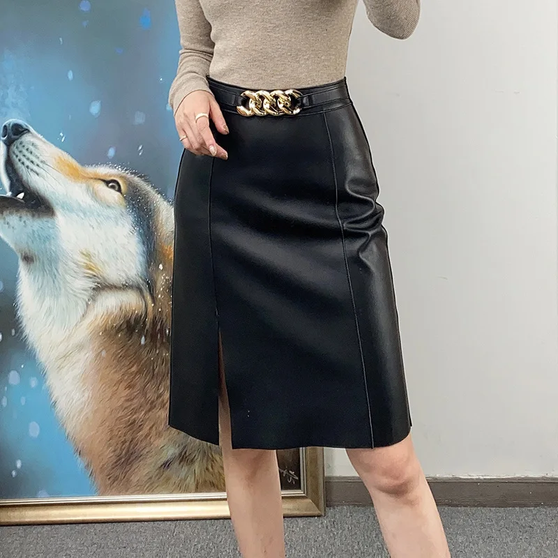 Women's Real Leather Skirt, High Waist Slit, Knee Length, Sheepskin, Candy Color, Slimming, Spring, Autumn