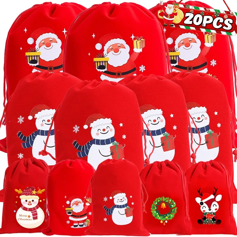 Christmas Gift Bags 20/1PCS Santa Claus Snowman Candy Snack Drawstring Wrapping Pouch For New Year Party Gifts Storage Bag Decor