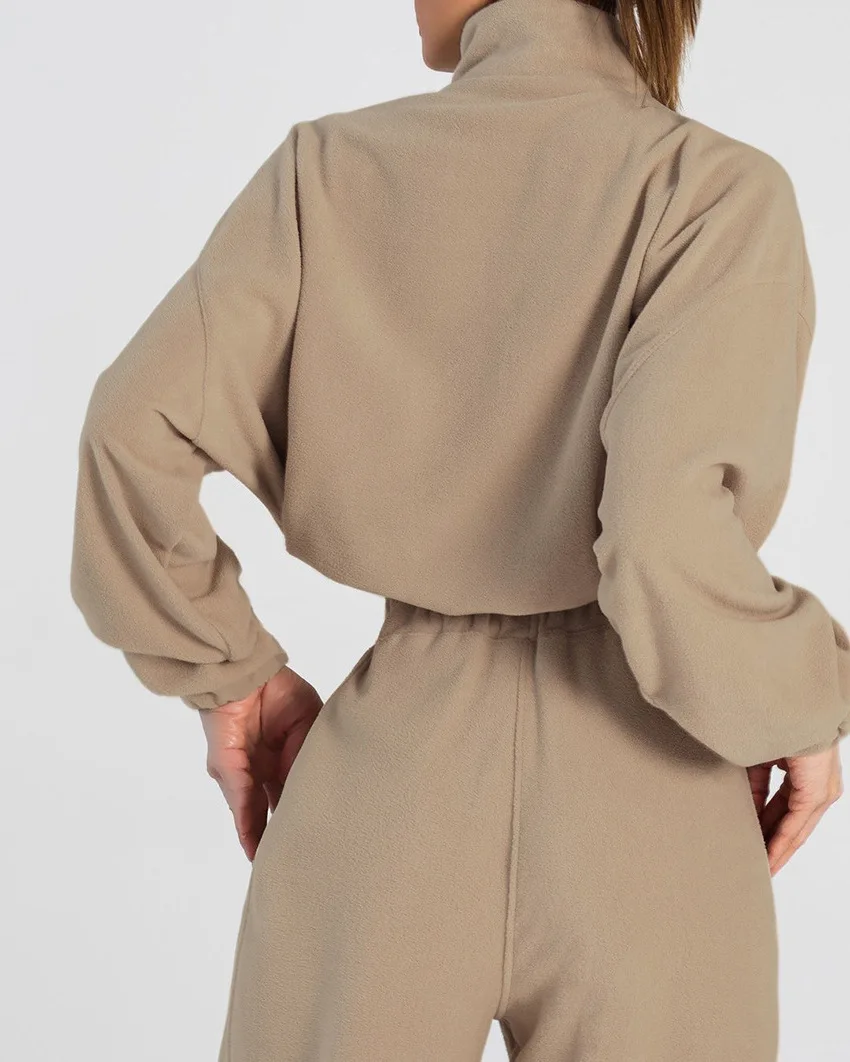 Casual Long-sleeve Half-high Lapel Zipper Pocket Trousers Loose Pants Outfits