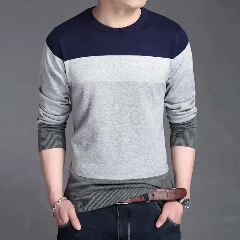 

Autumn Winter New Men Sweater Colored Round Neck Patchwork Korean Slim Trend Versatile Fashion Casual Warm Long Sleeved Knit Top