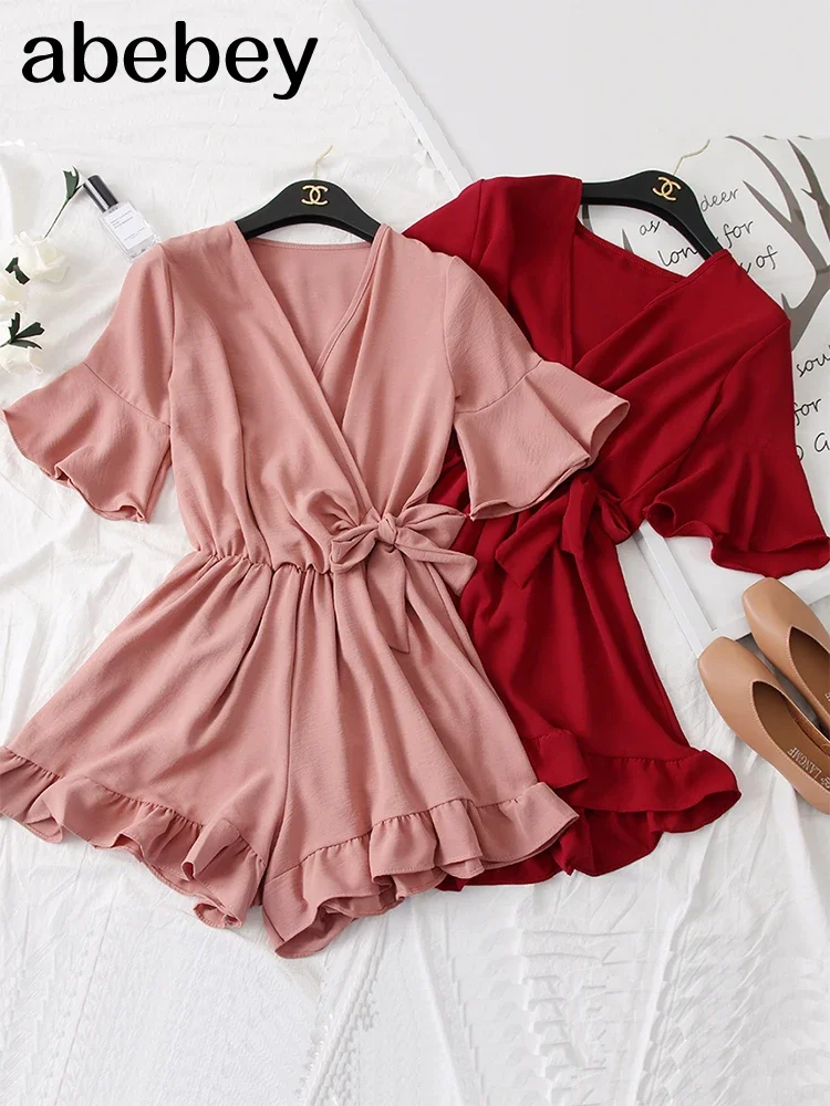 Women Rompers casual wide leg pants overalls short sleeve v neck