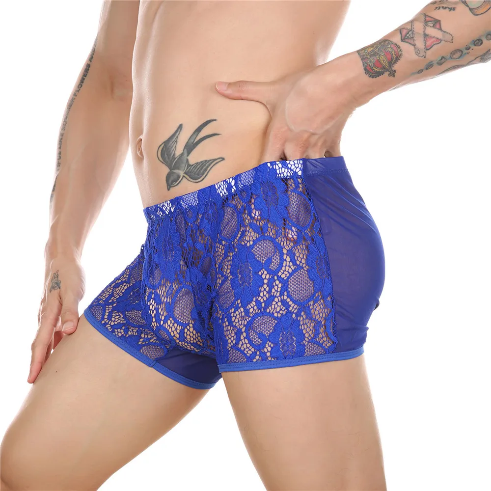 Ropa interior de Sexy para hombre Gay, calzoncillos transparentes de malla, pantalones cortos de bragas Sissy con bolsa de bulto, bañadores de encaje - AliExpress