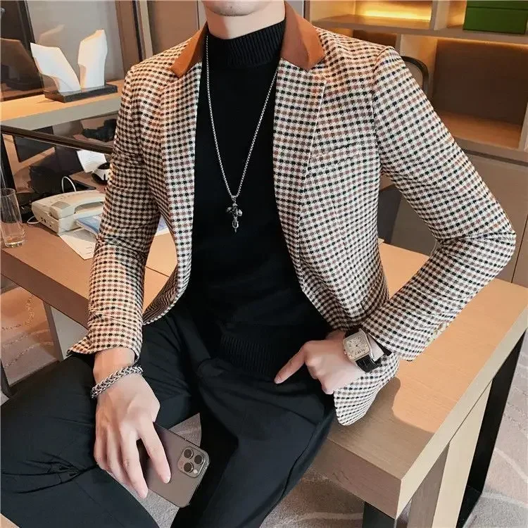 Plaid Coats Man Dress Suits and Blazers Korean Style Business Jacket for Men Clothes Classic