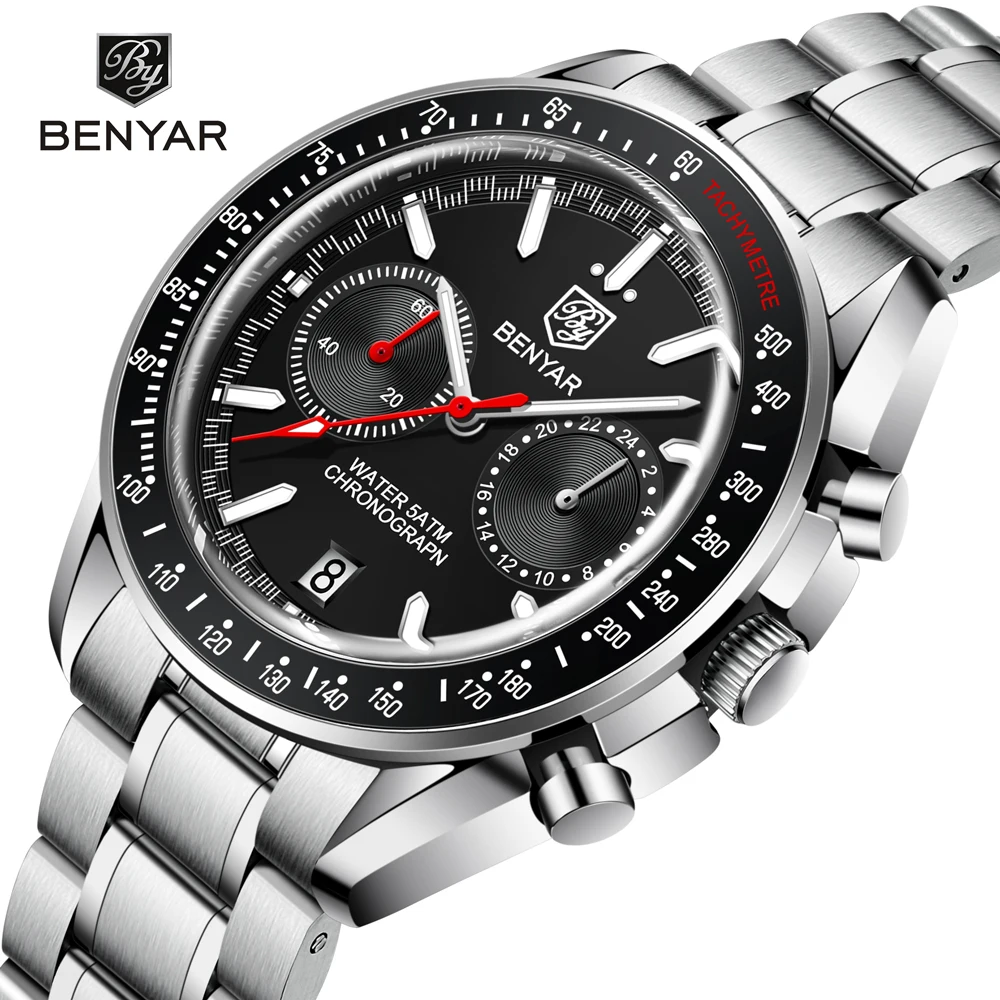 BENYAR Moon Men's Watches 2023 Top Brand Luxury Analog Quartz Watch For Men Sports Chronograph Automatic Waterproof Reloj Hombre automatic diver 100m mens watches luminescent mechanical wristwatch nh35a movement analog stainless steel luxury luminous watch