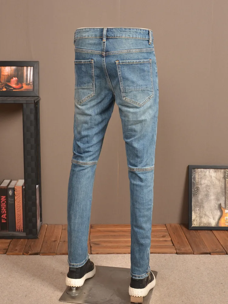 Spring and Autumn Stitching Jeans Men's 2024 New Fashion Stretch Slim High-End Machine Car Style Leisure Washed-out Men's Pants