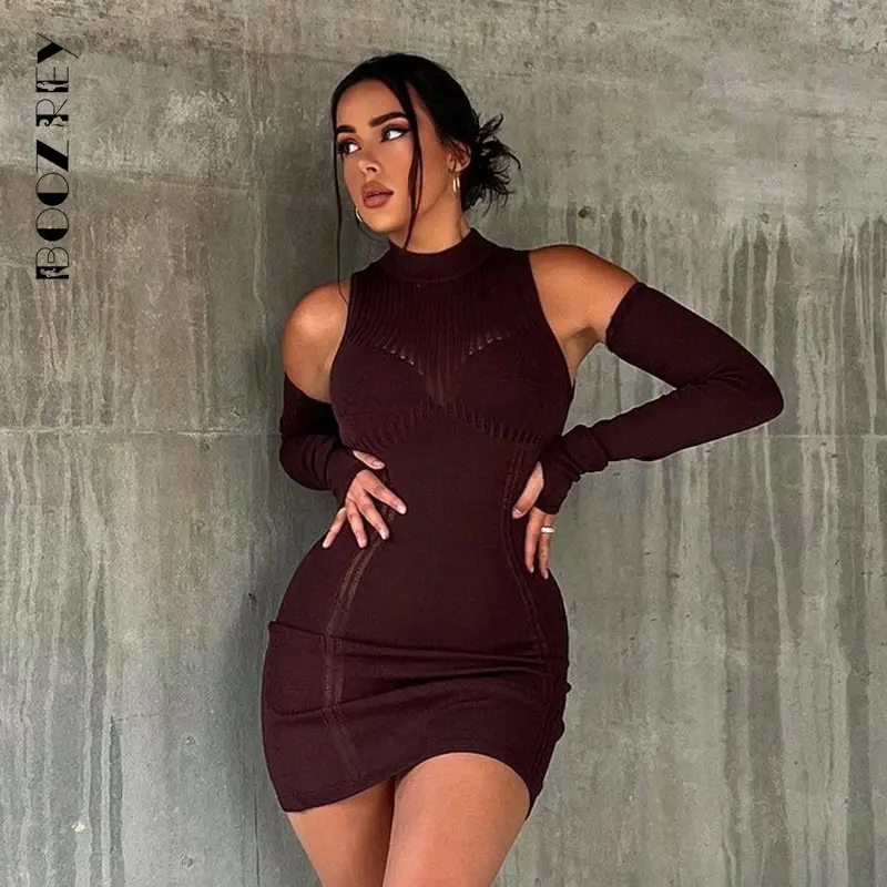 

BoozRey Sexy Off The Shoulder Knitted Womens Autumn Dress Tight Round Neck Stitching Long-sleeve Solid Mini Dress Party Clubwear