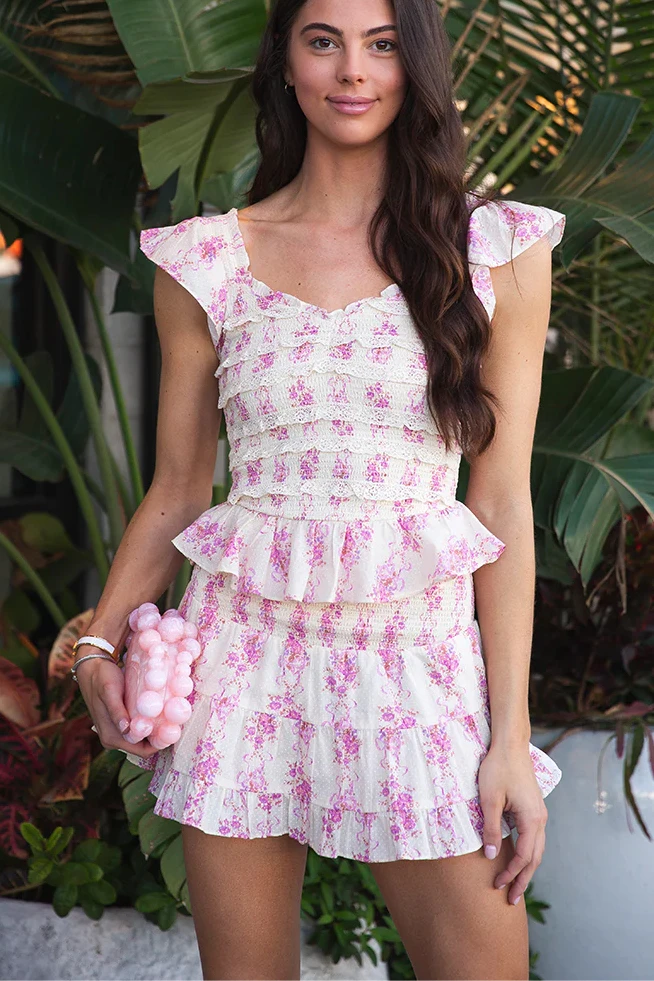 

Summer Autumn Women Sets Floral Print Ruffled Sleeveless Blouse and Skirts