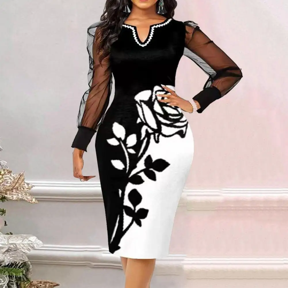 Women Printed Dress Stunning Floral Mesh Patchwork V-neck Prom Party Dress Slim Fit High Waist Knee Length for Commute Special