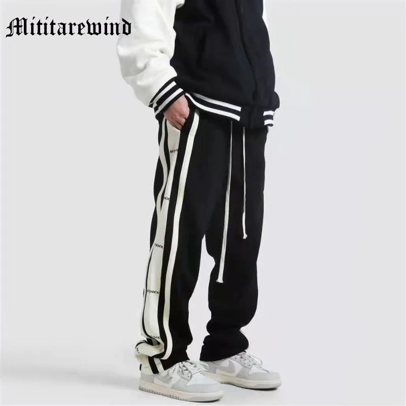 

Hip Hop Straight Wide Leg Sportswear Spliced Side Striped Full Length Men And Women Pants Casual Loose Baggy Couple Trousers
