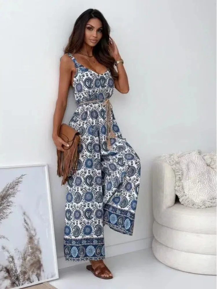 New Casual Autumn V-neck Camisole Printed Women's Jumpsuit Pants Fashionable Women's Clothing 363