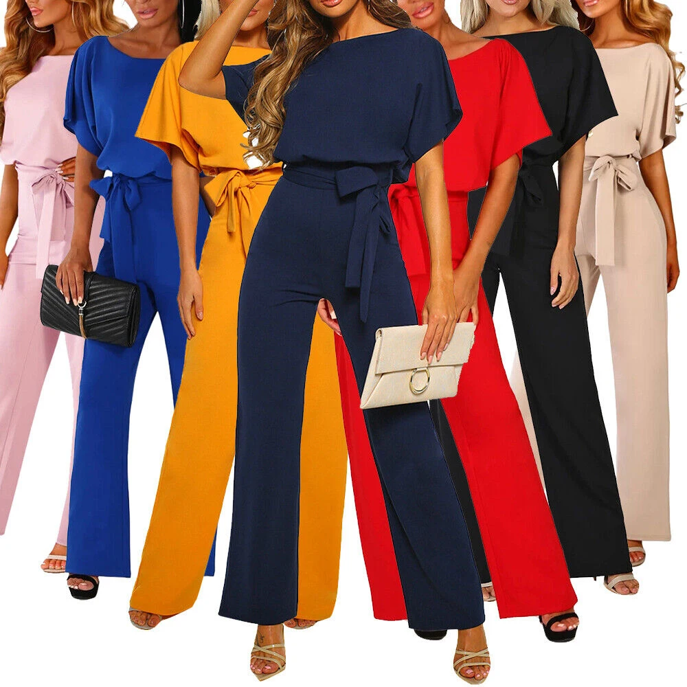 Solid Color Women Long Pants Summer Elegant Short Sleeve Lace-up Jumpsuits Women Wide Leg Bodysuit Clothes Overalls Streetwear