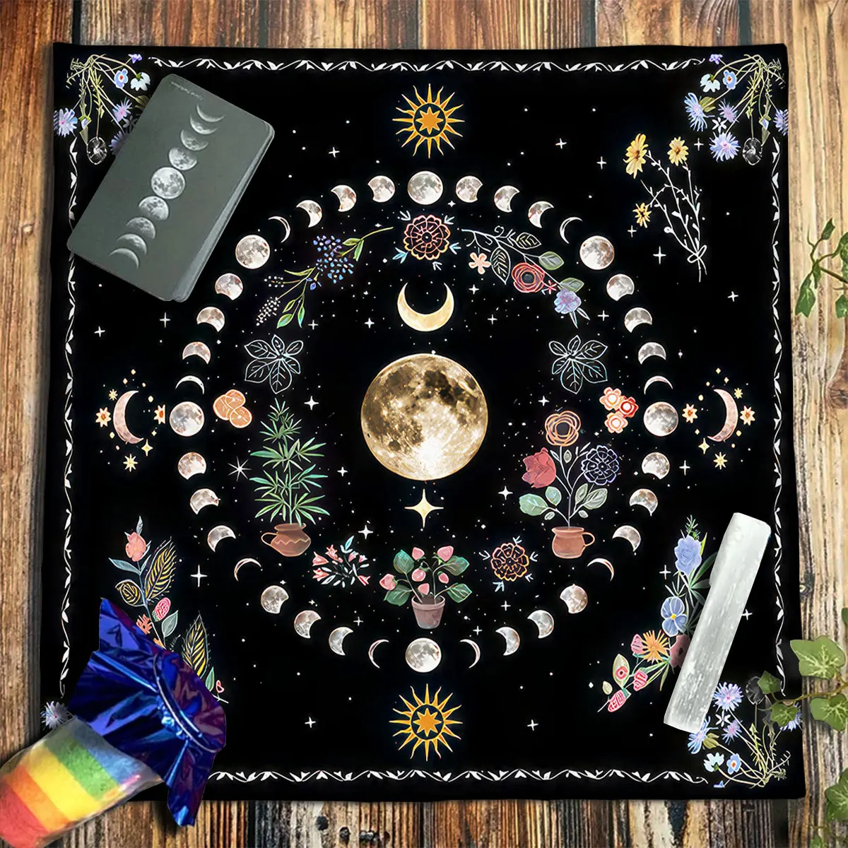 Botanical Moon Altar Cloth Tarot Mat Triple Moon Flower Spread Tarot Reading Cloth Spiritual Oracle Card Pad Divination Tools 3