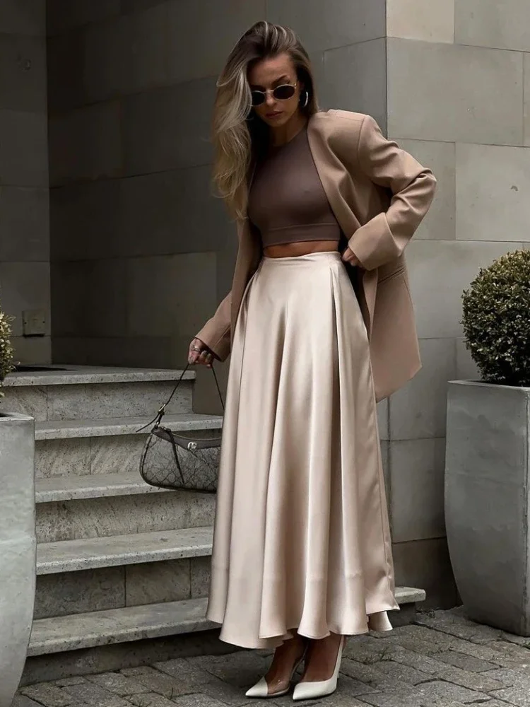 Beige Satin Skirt Outfit Winter Skirt Chic|elegant Satin Silk A - Main Image