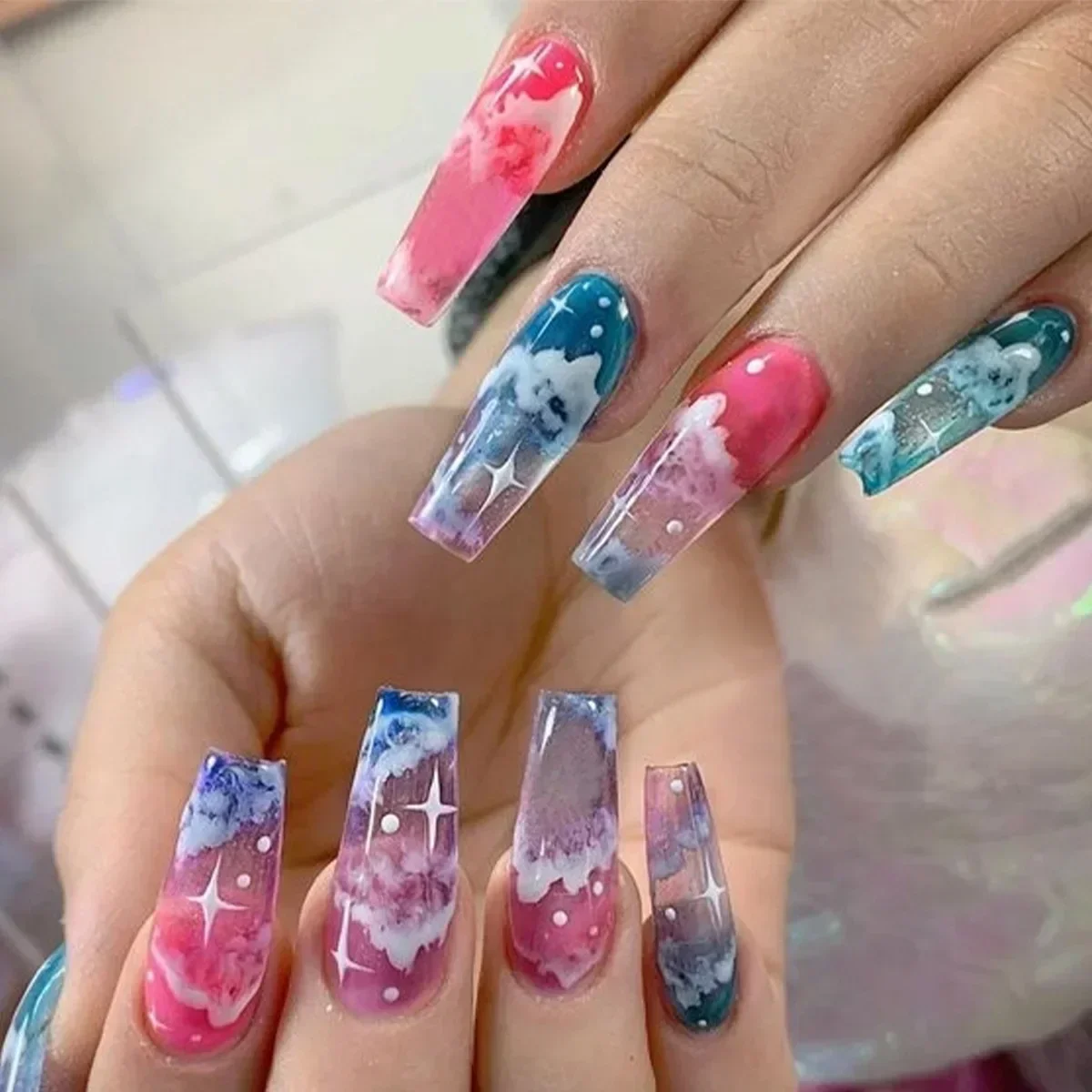 Ladder-Shaped Floral Ombre French Press-On Nails with Glue Strips - 24 Piece Set