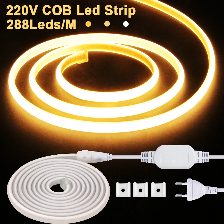 

15M 35M 50M 220V COB Led Strip Light 288Leds/m Super Bright Waterproof Led Tape Light Soft Flex Ribbon Led COB Neon For Home