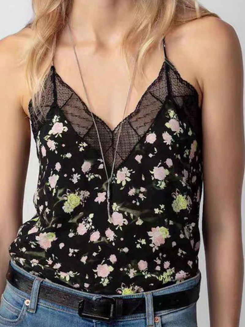 

Summer elegant and comfortable new style suspender top with retro ink print lace deep V-neck small suspender vest top