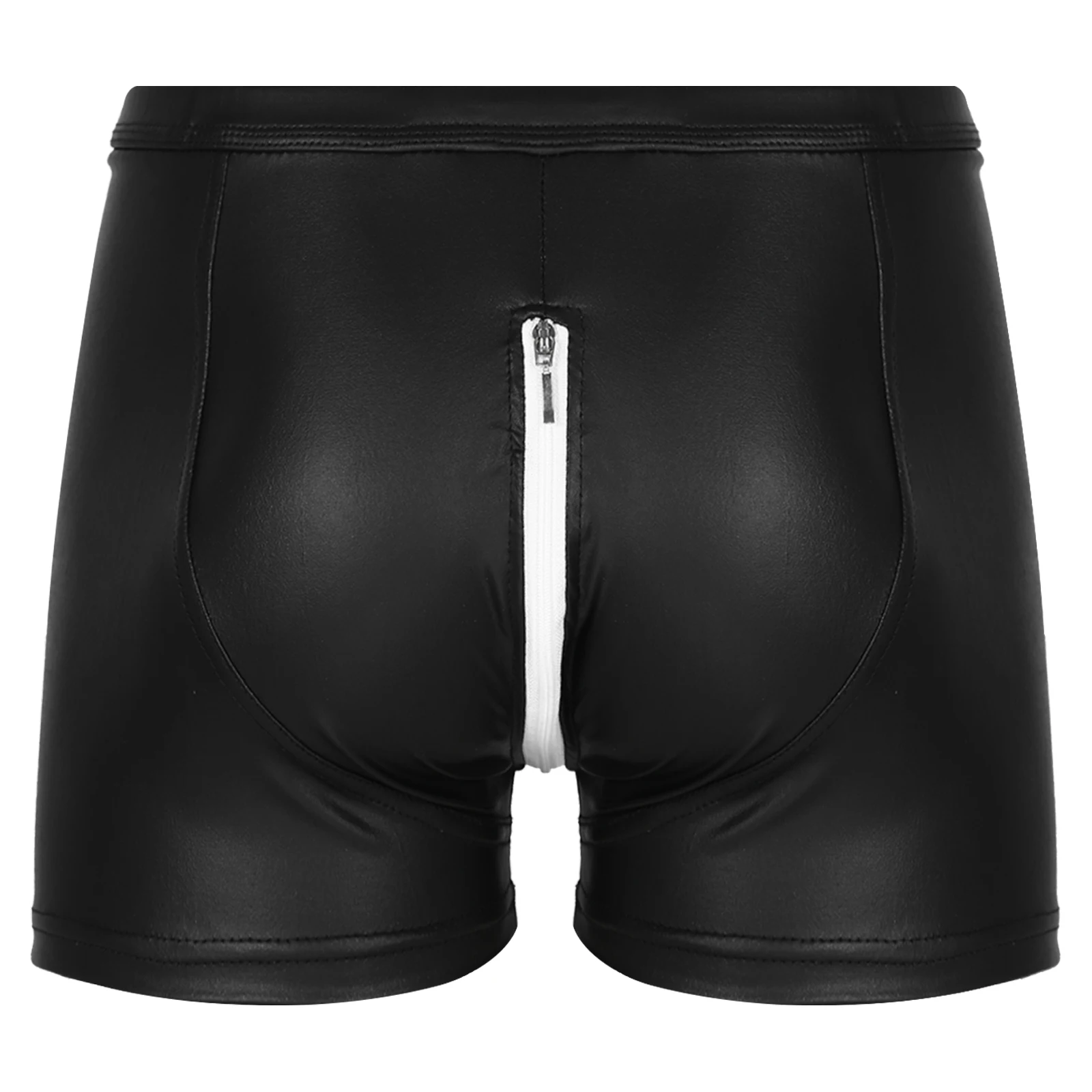 Sexy Men Boxers Shorts Zipper Crotch Faux Leather Lingerie U Convex Pouch Black Leather Boxers Shorts Nightclub Rave Costume