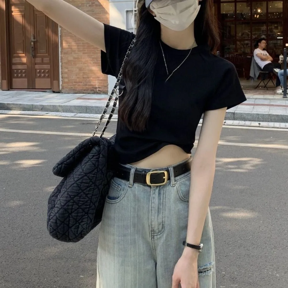 Cute Solid Color Short Sleeve T-shirt Slim Fit Sweet Y2K Crop Top Chic Korean Style Tees Shirts Women Streetwear