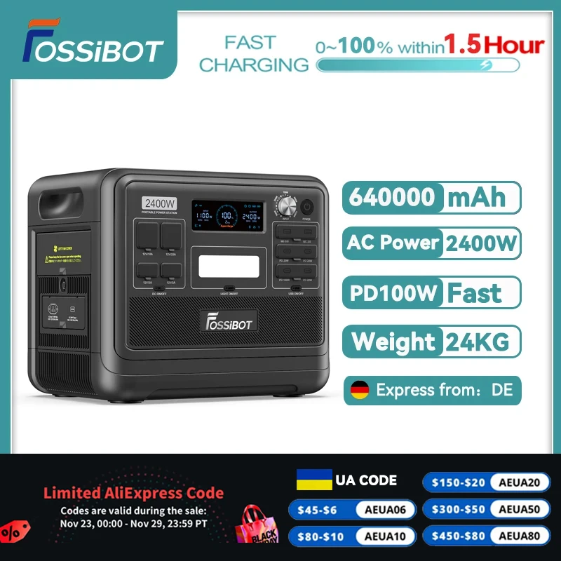 Fossibot F2400 Centrale Elettrica Portatile, Batteria Lifepo4 2048Wh/640000Mah, Generatore Solare 2400W(4600W Di Picco), 16 Porte Di Uscita