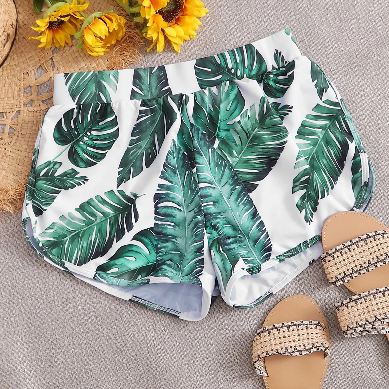 Floral Pinted Women Beach Shorts Buttons Running High Waist Lace Up Swim Bikini Bottom Biker Shorts Swimwear Beach Tankini