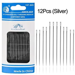 Stainless Steel Self-Threading Sewing Needles - Side Hole Design for Easy Stitching - 12/30 Pack (A 12PCS(Silver))