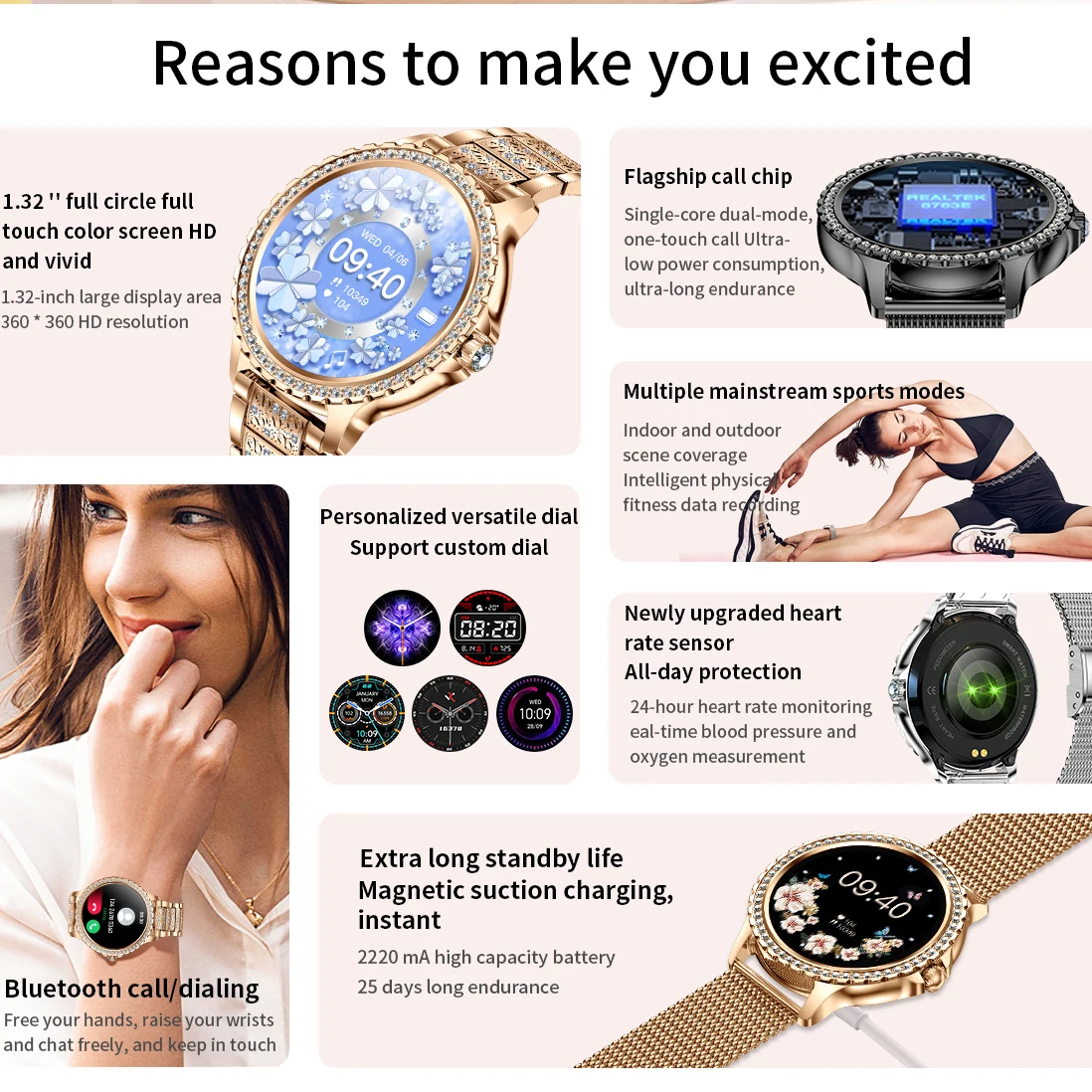 Fashion Luxury Gold Women Smart Watch Heart rate Blood Oxygen Sleep Monitoring Diamond Bracelet Bluetooth Call Smartwatch Ladies 6