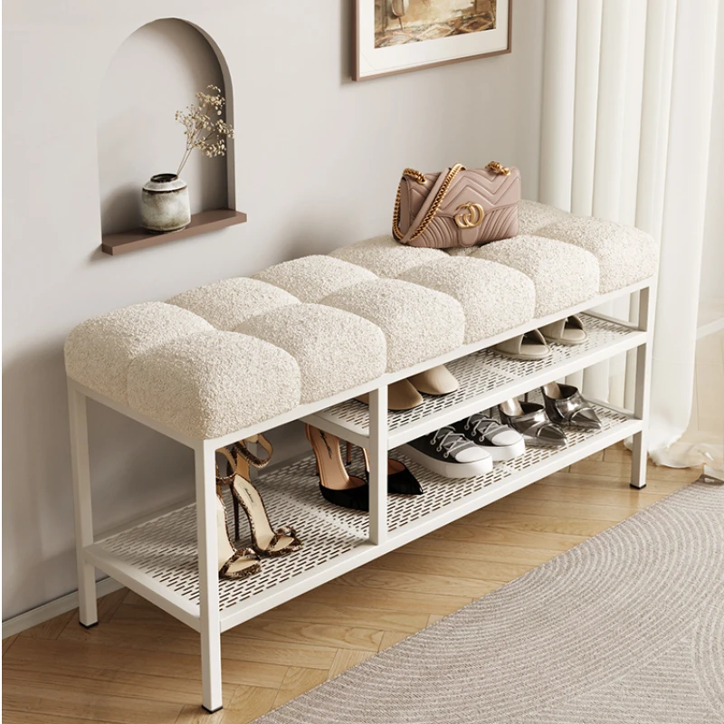 

Nordic furniture shoe changing stool entrance hall shoe rack Light luxury shoe storage cabinet Cream wind metal rack low bench