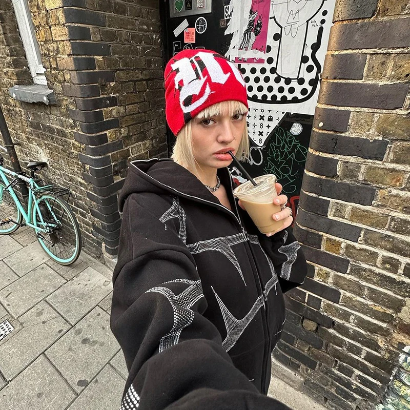 

Gothic Lightning Printing Women's Autumn Street Hooded Zip-up American Fashion Y2K Casual Hoodies Sweatshirts Pants Tracksuits