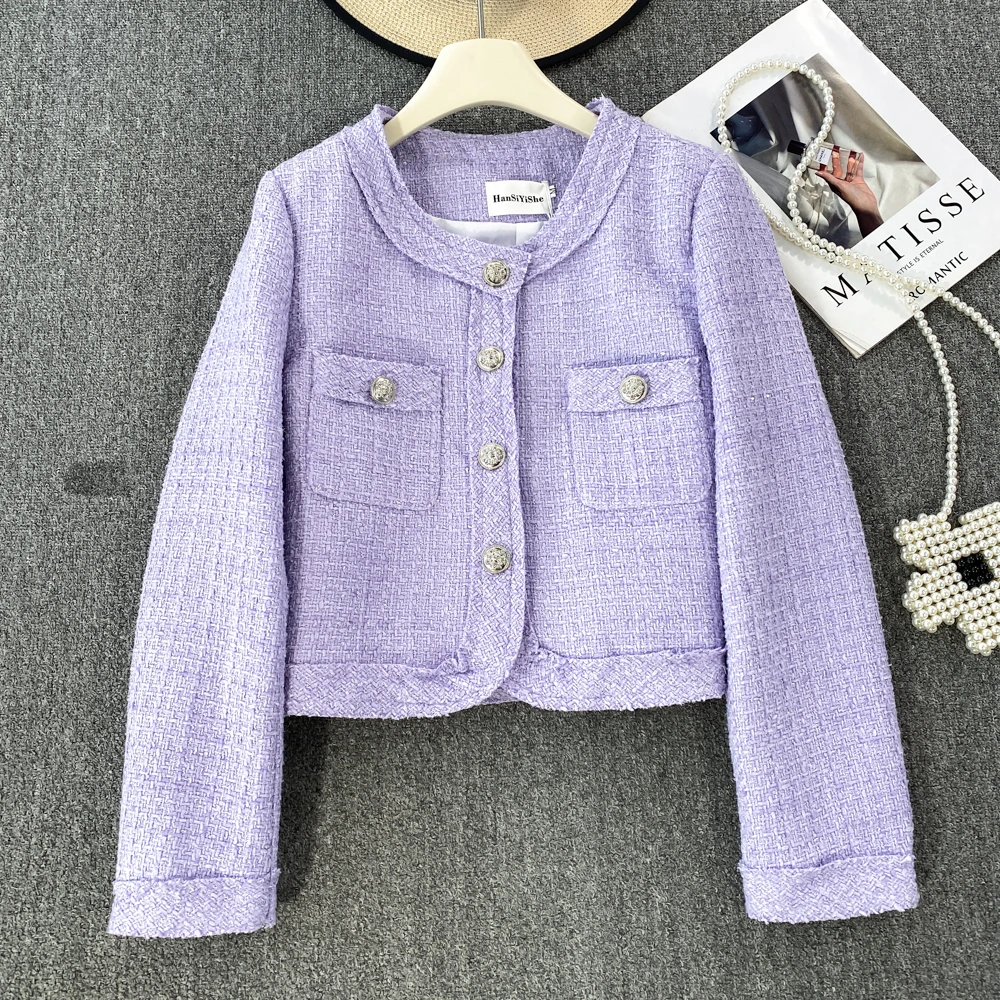 

Clothland Women Chic Tweed Jacket Long Sleeve O Neck Lilac Yellow Coat Outwear Casual Tops Mujer CA805