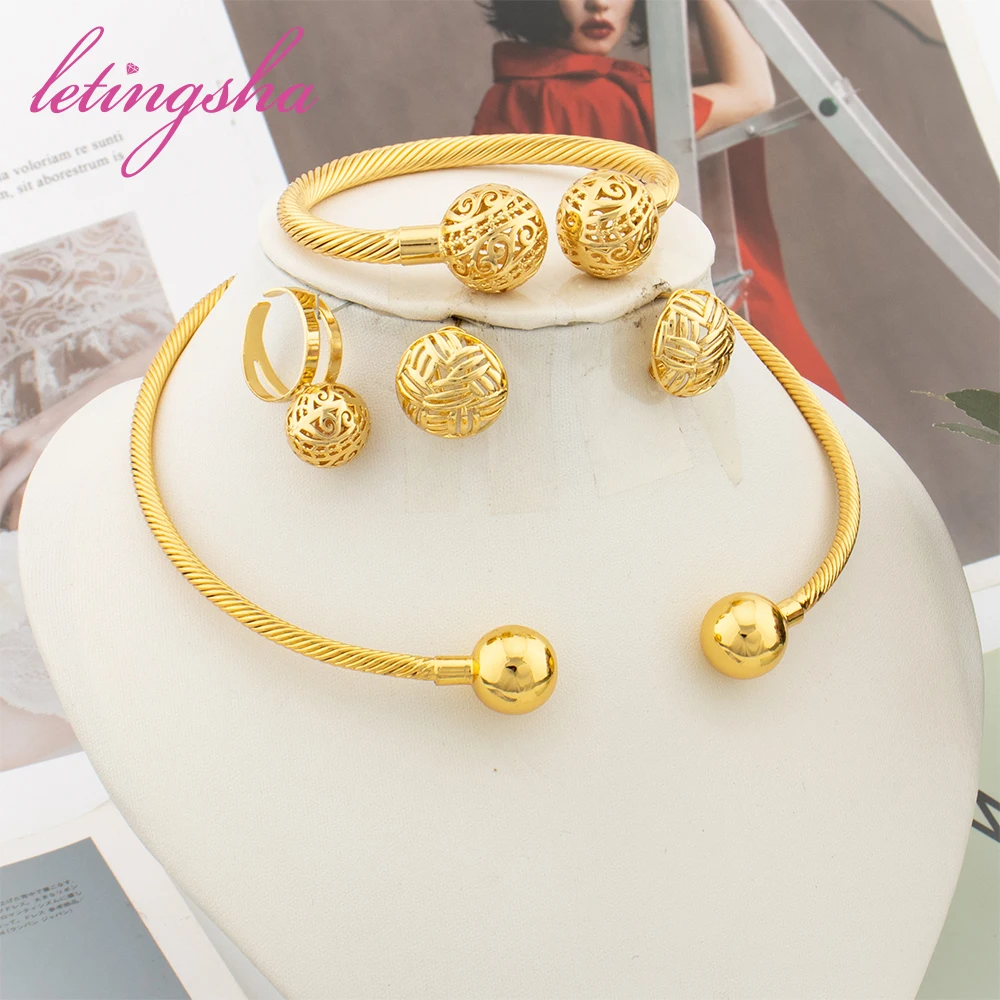 

African Fashion Earrings Necklace Gold Color Bangle Ring Set for Women Dubai Luxury Design Jewelry Set Arab Indian Wedding Set