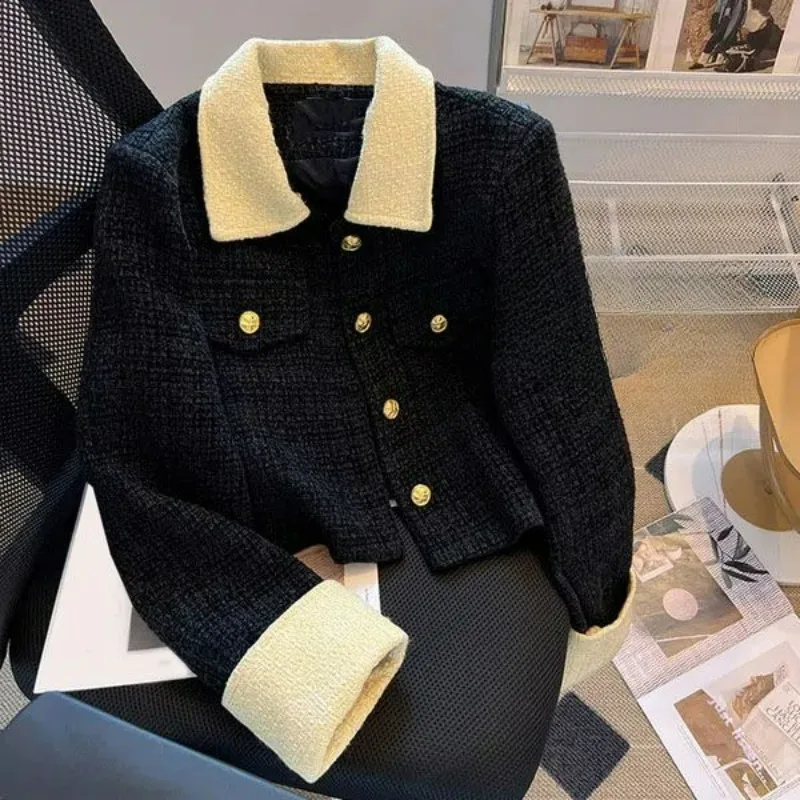 2024 New Fashion Patchwork Color Short Jacket Spring Autumn Women High-Grade Tweed Casual Outwear Female Temperament Loose Top