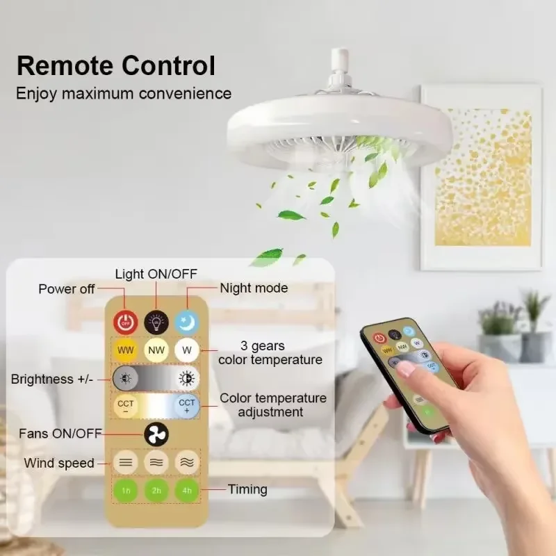 Smart Remote Control Ceiling Fan with LED Lighting Ceiling Fan with Lights Remote Control E27 Converter Base for Living Room