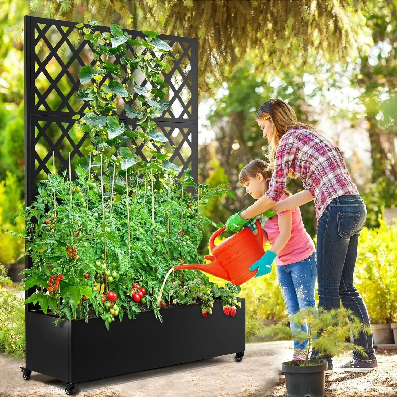 Metal Planter Box with Diamond Lattice Trellis Planter Box for Climbing Plants/Vines, Garden Bed with Trellis(73"x47" Black) 6