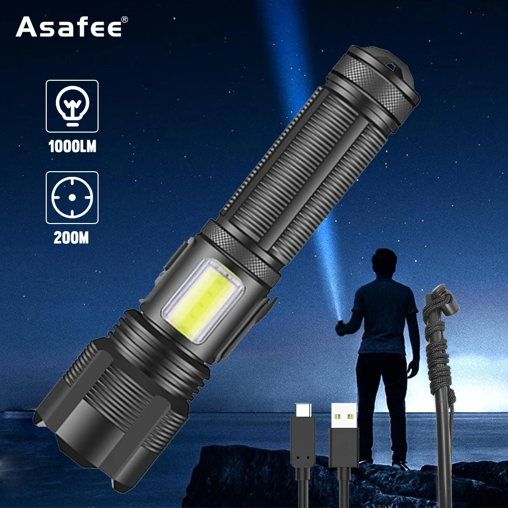 

Asafee Outdoor Flashlight P50/P70 Bulb Telescopic Zoom Side Light Red Light USB Rechargeable Glare Lamp