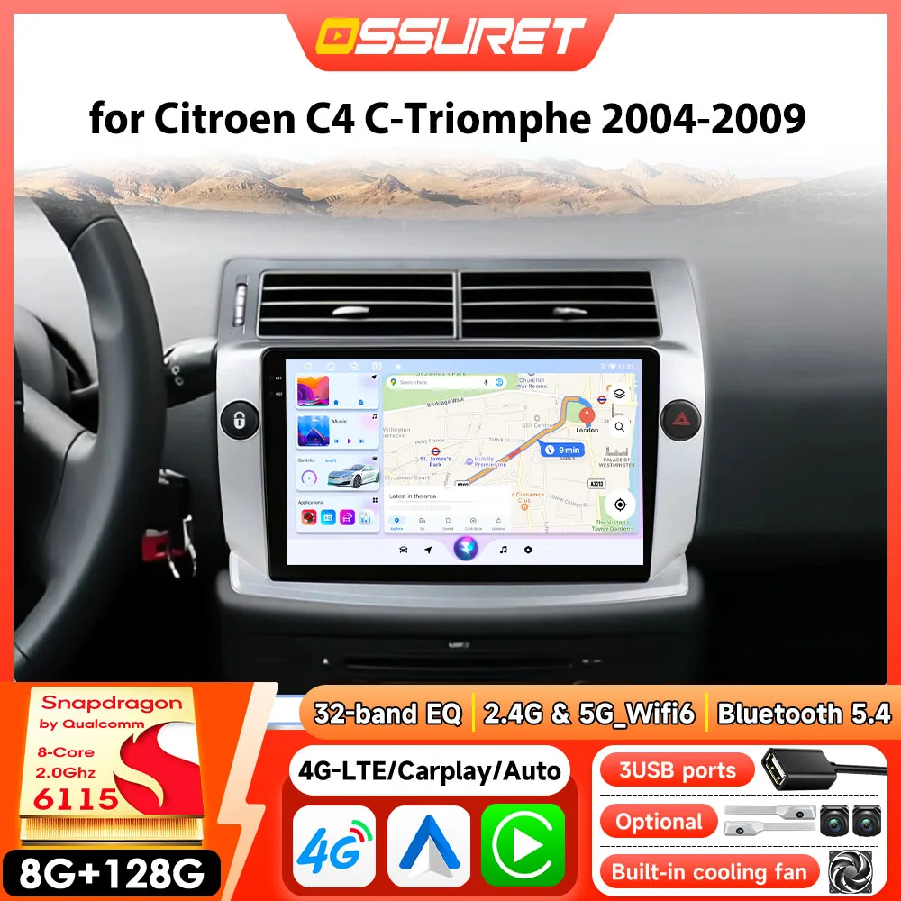 Android-Autoradio für Citroen C4 C-Triomphe C-Quatre 2004–2009, Multimedia-Player, Auto, GPS, Carplay, RDS, DSP von Snapdragon 6115