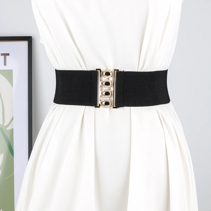 Women\'s Wide Elastic Waist Belt Fashion Simple Metal Buckle Waistband Corset Cinch Belt Dress Stretchy Belts